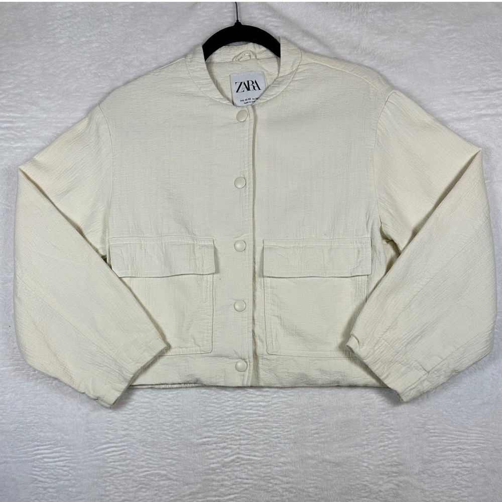Zara Kids Textured Cropped Utility Jacket Size 11-12 Cream Snap Button Front